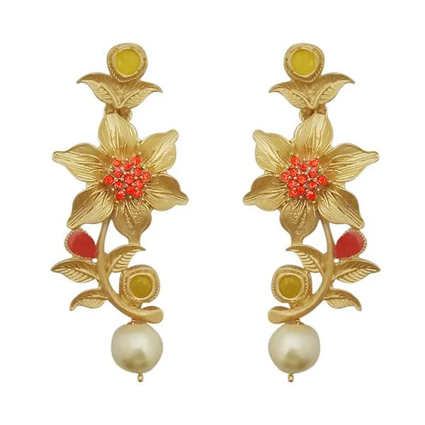 Short Drop Earrings for Subtle -Kriaa Red Austrian Stone Gold Plated Floral Dangler Earrings