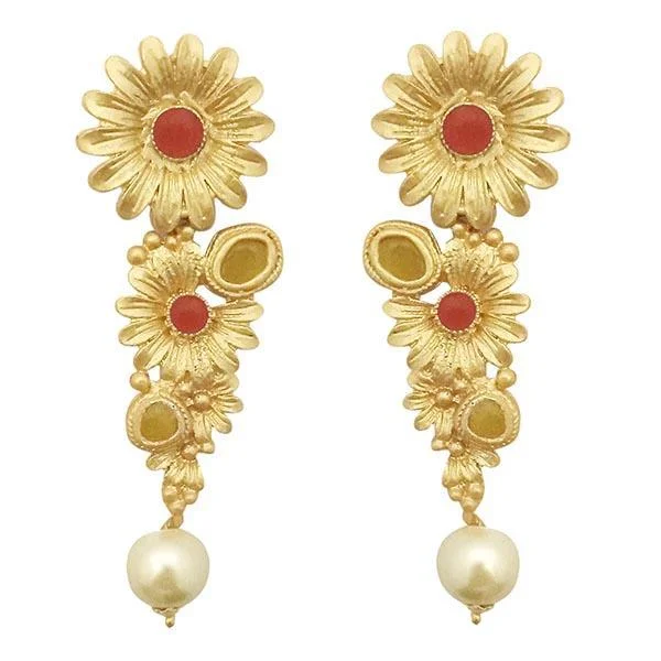 Drop Earrings with Polished Shine -Kriaa Red Pota Stone Gold Plated Floral Pearl Dangler Earrings - 1313109F