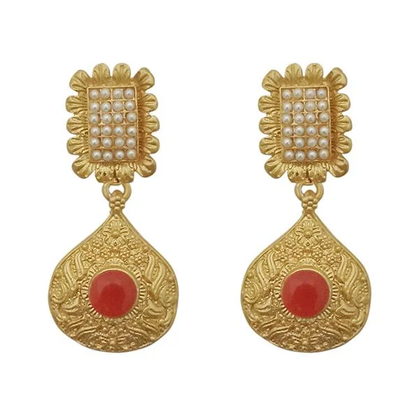 Drop Earrings for Wedding Ceremony -Kriaa Red Pota Stone Gold Plated Pearl Dangler Earrings - 1313110F