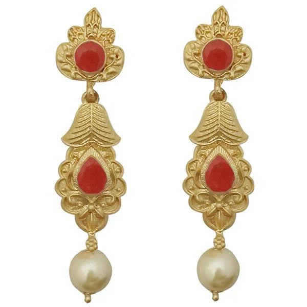 Retro Drop Earrings for Nostalgia -Kriaa Red Pota Stone Gold Plated Pearl Dangler Earrings