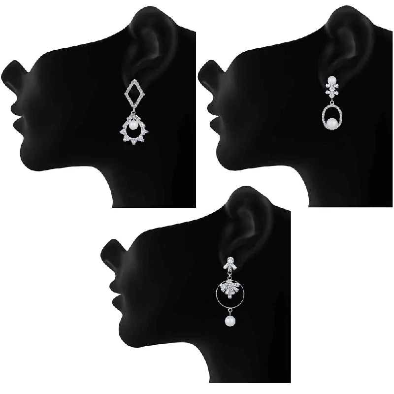 Minimalist Drop Earrings with Simplicity -Mahi Combo of 3 Rhodium Plated Party Wear Dangler Earrings for Women (VERCO001049)