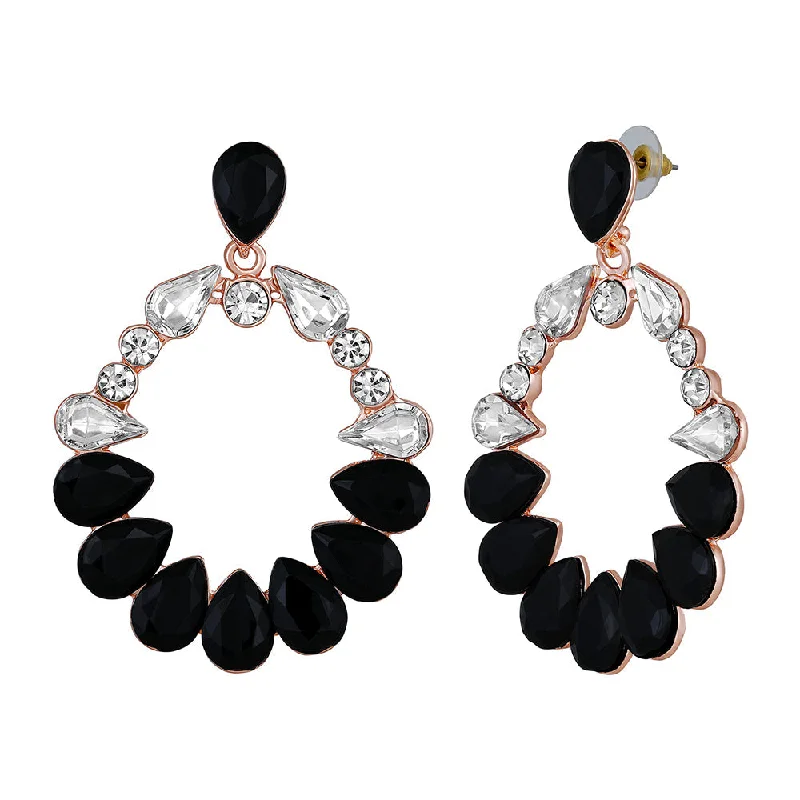 Ethnic Drop Earrings with Tribal Design -Mahi Rose Gold Plated Black and White Shiny Crystals Luxurious Dangler Earrings for Women (ER1109833ZBla)