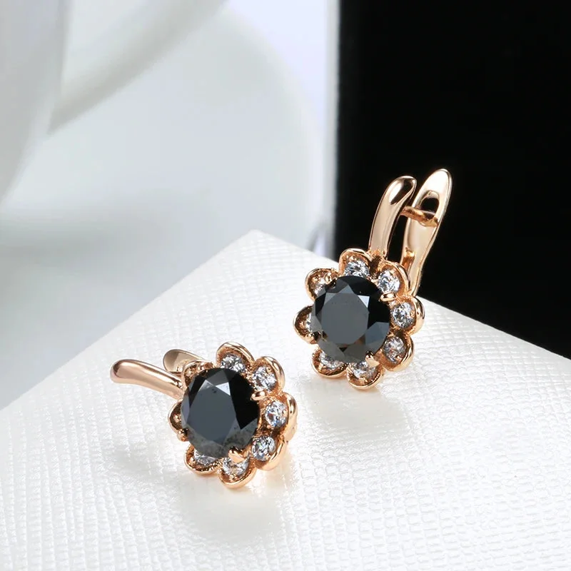 Minimalist Drop Earrings with Simplicity -New 585 Rose Gold Pendant Earrings Center Inlay Black Zircon Surround Diamond Flower Pierced Earrings Women Fashion Accessories