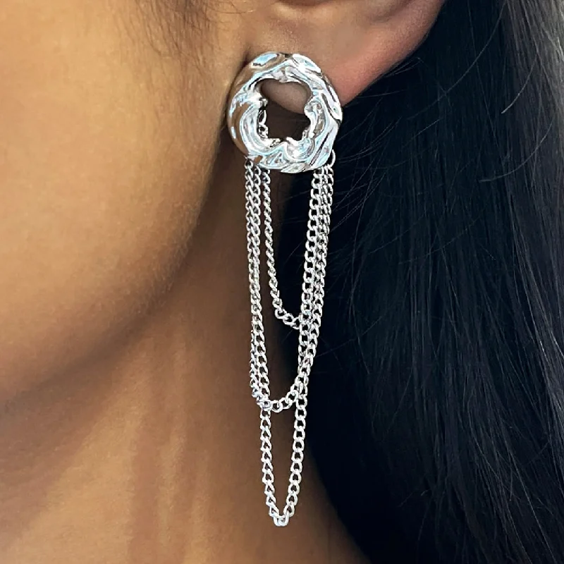 Crystal and Pearl Drop Earrings for Glamour -OVERSIZED HAMMERED CIRCULAR SILVER-TONED & TASSEL DROP EARRINGS