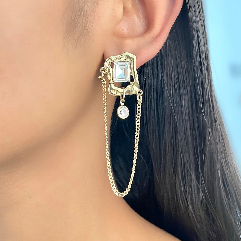 Oversized Hammered Square Gold-Toned Diamante Stud & Tassel Drop Earrings