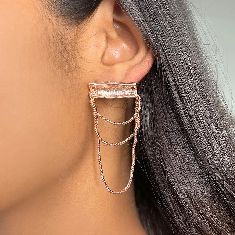 Drop Earrings with Enamel Coating -OVERSIZED TEXTURED ROSE GOLD-TONED BAR & TASSEL DROP EARRINGS