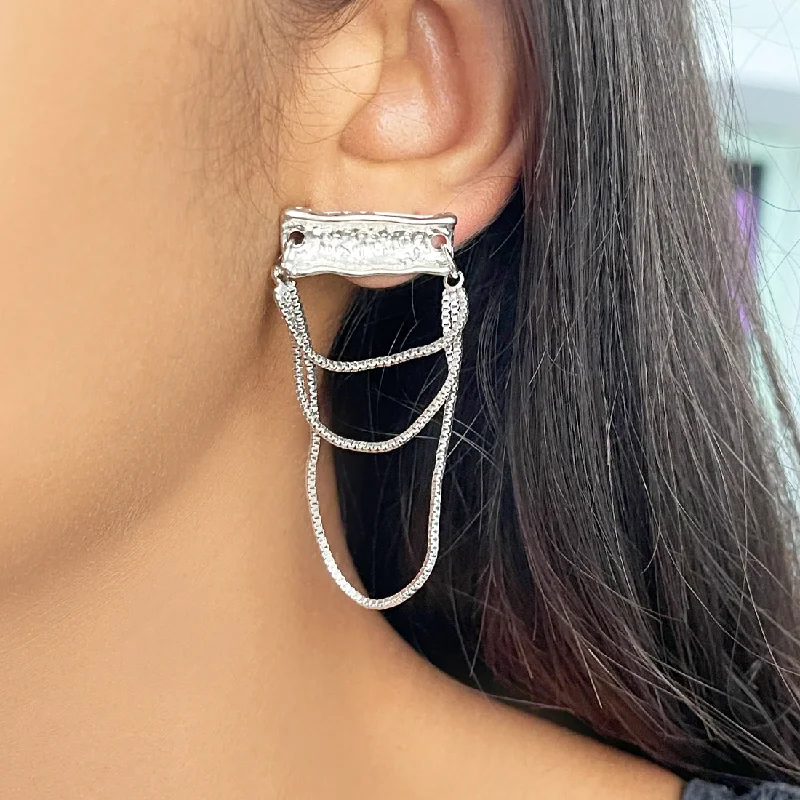 Drop Earrings with Etched Designs -OVERSIZED TEXTURED SILVER-TONED BAR & TASSEL DROP EARRINGS