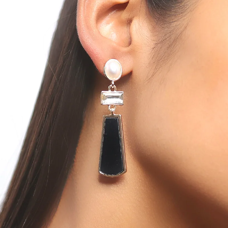 Oval Drop Earrings for Grace -Pearl, Rhinestone & Black Acrylic Gold-Toned Triple Geometric Drop Earrings