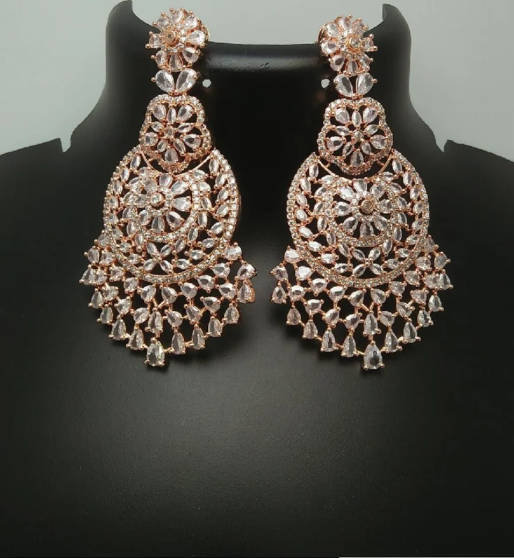 Long Drop Earrings for Dramatic -Pooja Bangles Rose Gold Plated AD Stone Dangler Earrings