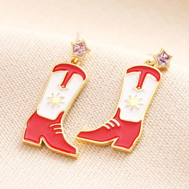 Geometric Drop Earrings for Trend -Red Enamel Cowboy Boot Drop Earrings in Gold