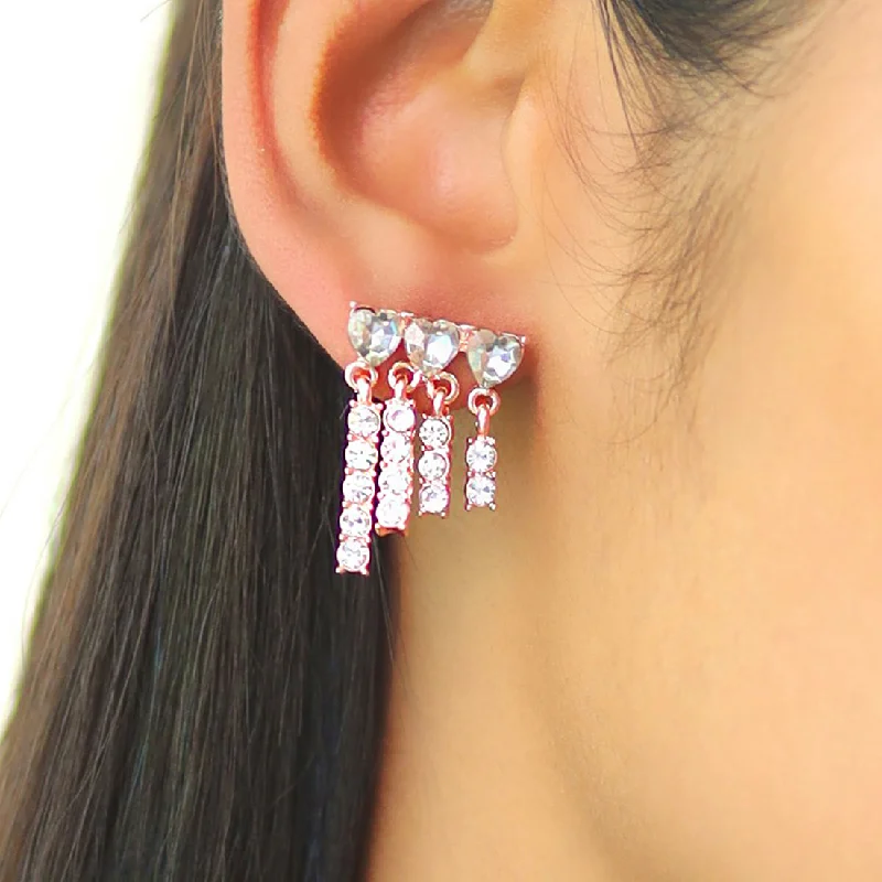 Pearl Drop Earrings for Elegance -Rhinestone Diamante Studded Rose-Gold Toned Asymmetric Short Tassel Drop Earrings