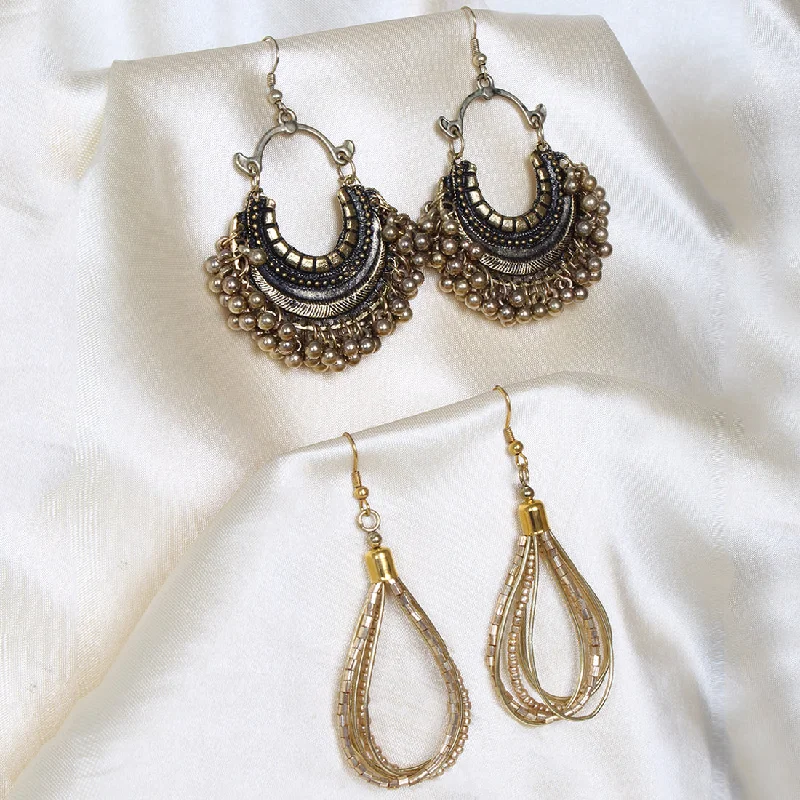 Drop Earrings for Casual Outfit -Set of 2 Gold Oxidized Dangler Earrings