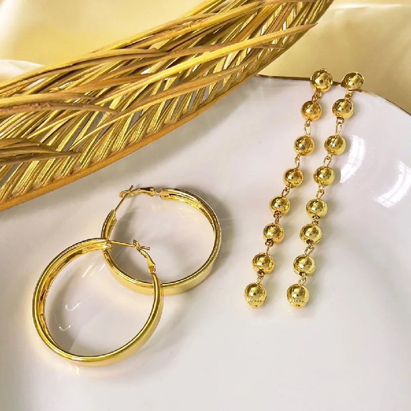 Rhinestone Drop Earrings for Sparkle -Set Of 2 Metallic Gold-Toned Long Circular Drop Earrings & Hoop Earrings