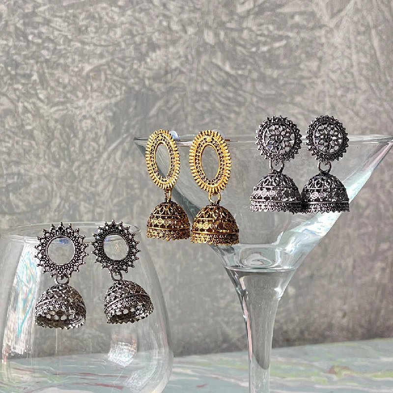 Large Drop Earrings for Statement -Set Of Three Oxidized Silver & Gold Toned Jhumka Drop Earrings