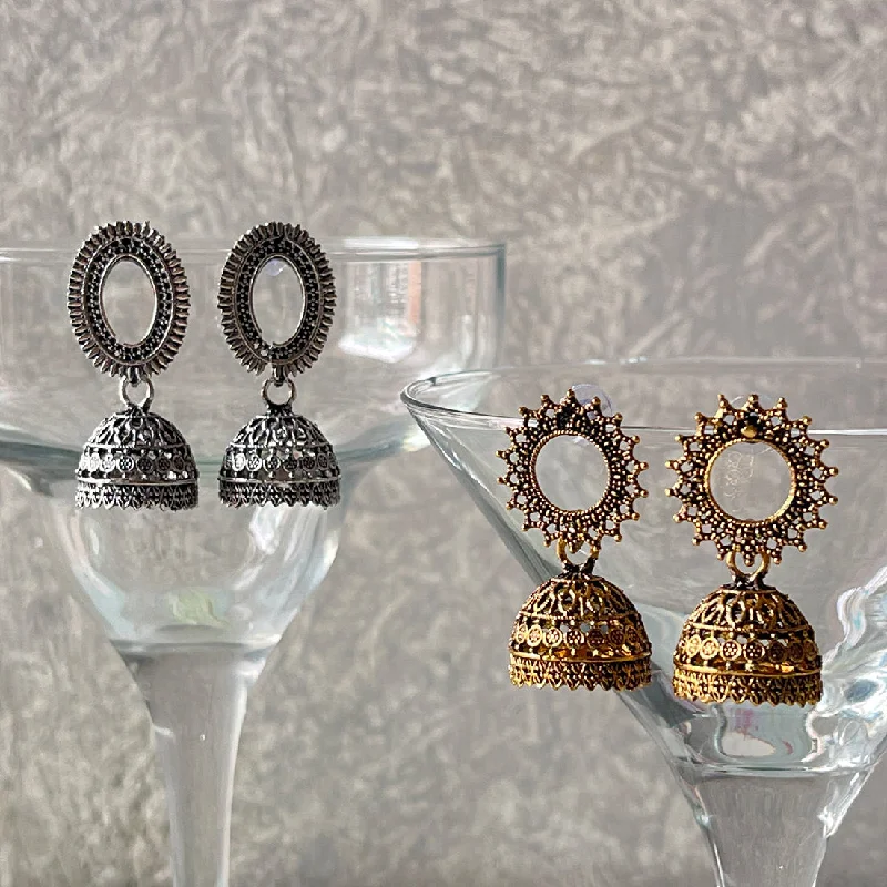 Silver Drop Earrings for Men -Set Of Two Oxidized Silver & Gold Toned Jhumka Drop Earrings