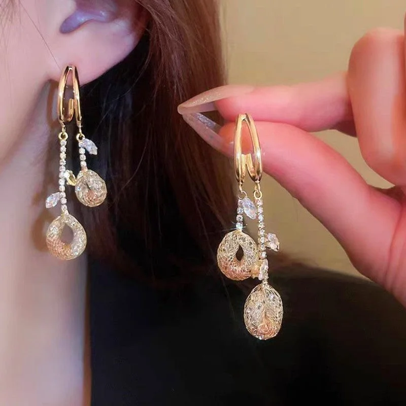 Drop Earrings with Etched Designs -Silver Post 14K Gold-Plated Diamond Zircon Mesh Drop Earrings