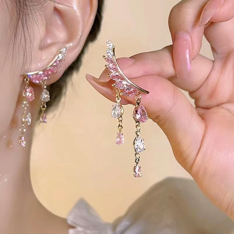 Drop Earrings for Evening Gown -Silver Post Pink Crystal Water Drop Earrings