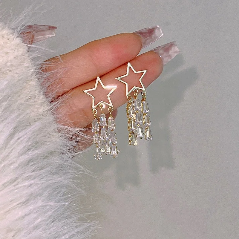 Drop Earrings with Symbolic Elements -Silver Post Star Drop Earrings