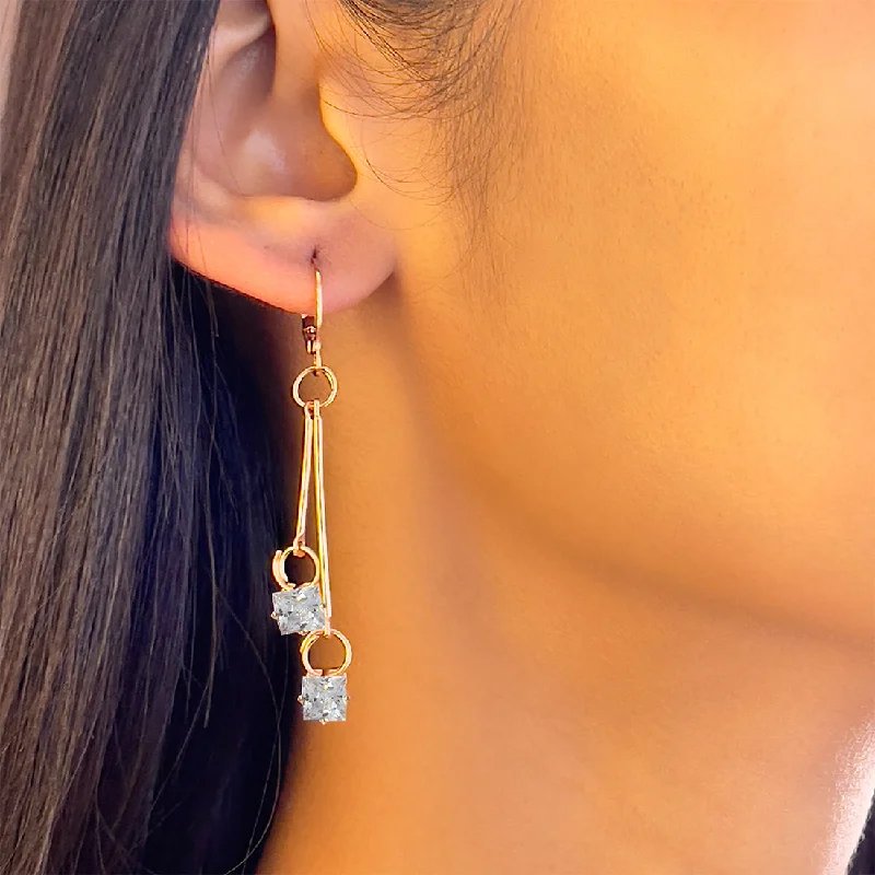 Crystal and Pearl Drop Earrings for Glamour -Square White Crystal Diamante Stud Rose Gold-Toned Hoop Drop Earrings