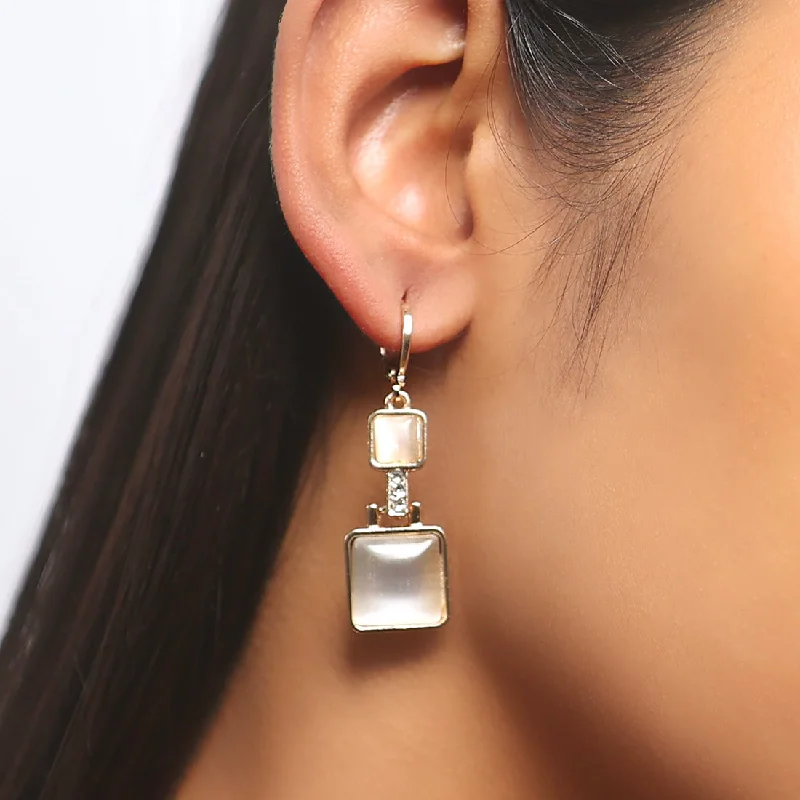 Floral Drop Earrings with Petals -Square White Moonstone Rose Gold-Toned Hoop Drop Earrings