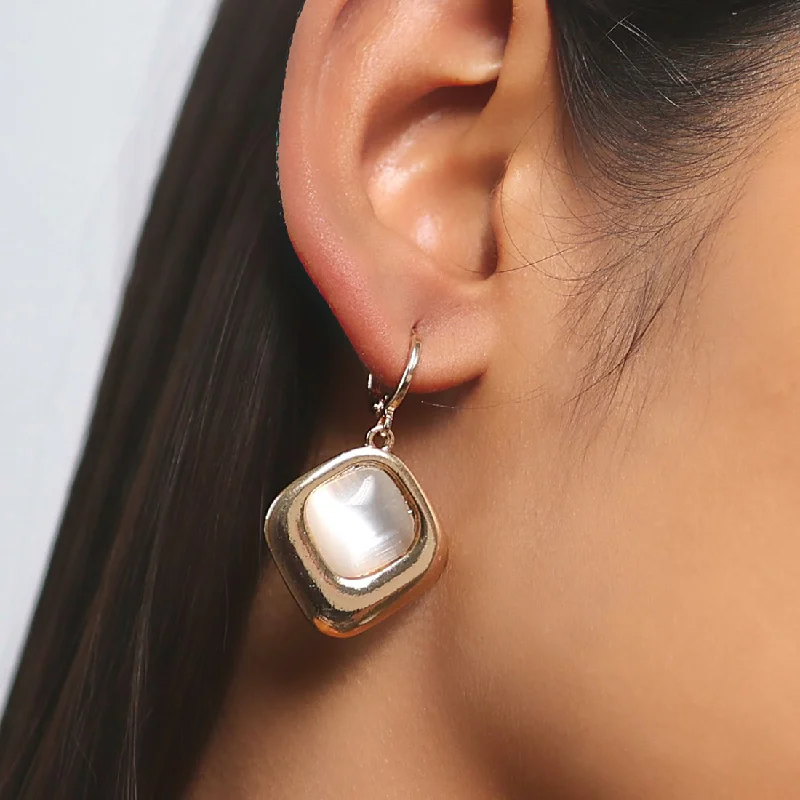 Nickel Free Drop Earrings for Safety -Square White Moonstone Rose Gold-Toned Hoop Drop Earrings