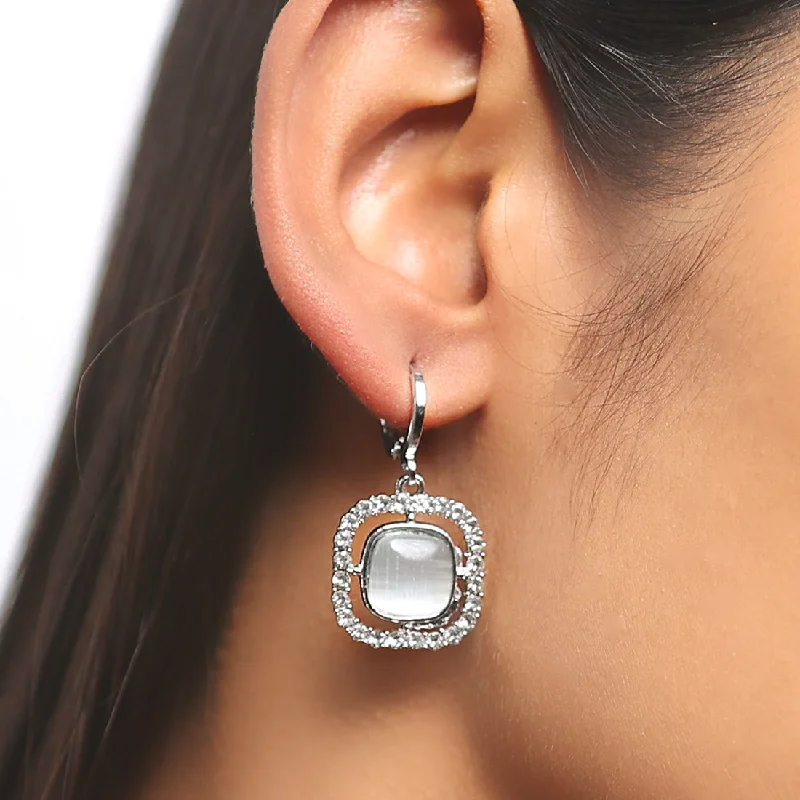 Drop Earrings with Etched Designs -Square White Moonstone With Diamante Studs Silver-Toned Hoop Drop Earrings