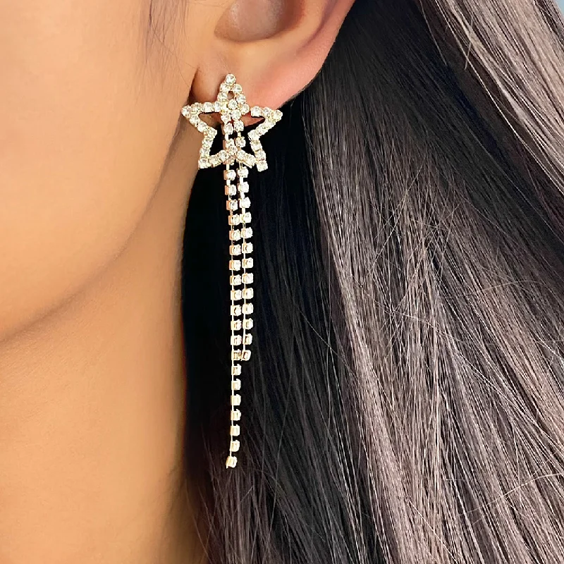 Drop Earrings for Festival Style -Star White Diamante Crystal Studded Gold-Toned Long Tassel Drop Earrings