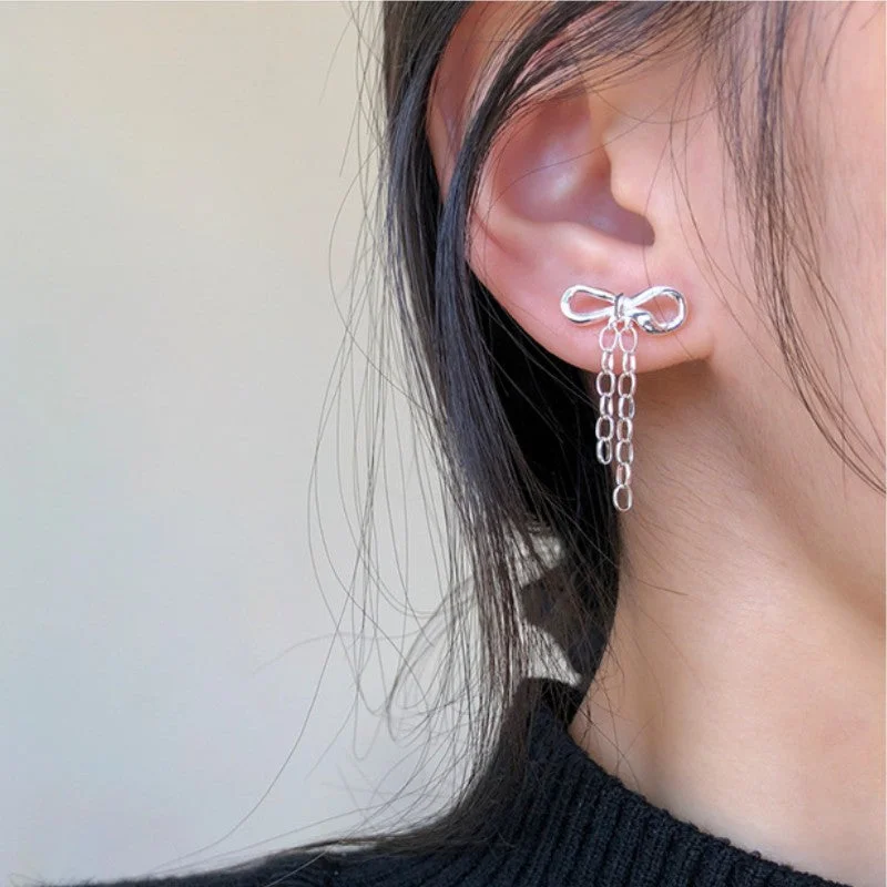 Drop Earrings with Knot Designs -Sterling Silver Bow Drop Earrings