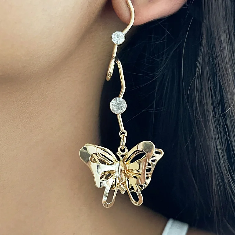 Beaded Drop Earrings for Party -TRENDY GOLD-TONED BUTTERFLY & DIAMANTE STUDDED ORGANIC DROP EARRINGS