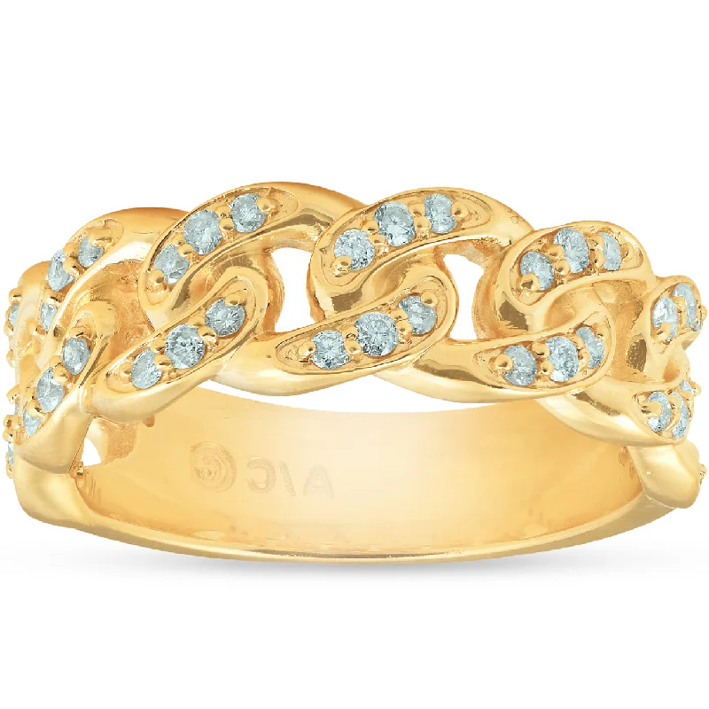 Rings with blue quartz for cool tones -1/2 Ct Mens Heavy Weight Solid Yellow Gold Curb Chain Diamond Ring Wedding Band