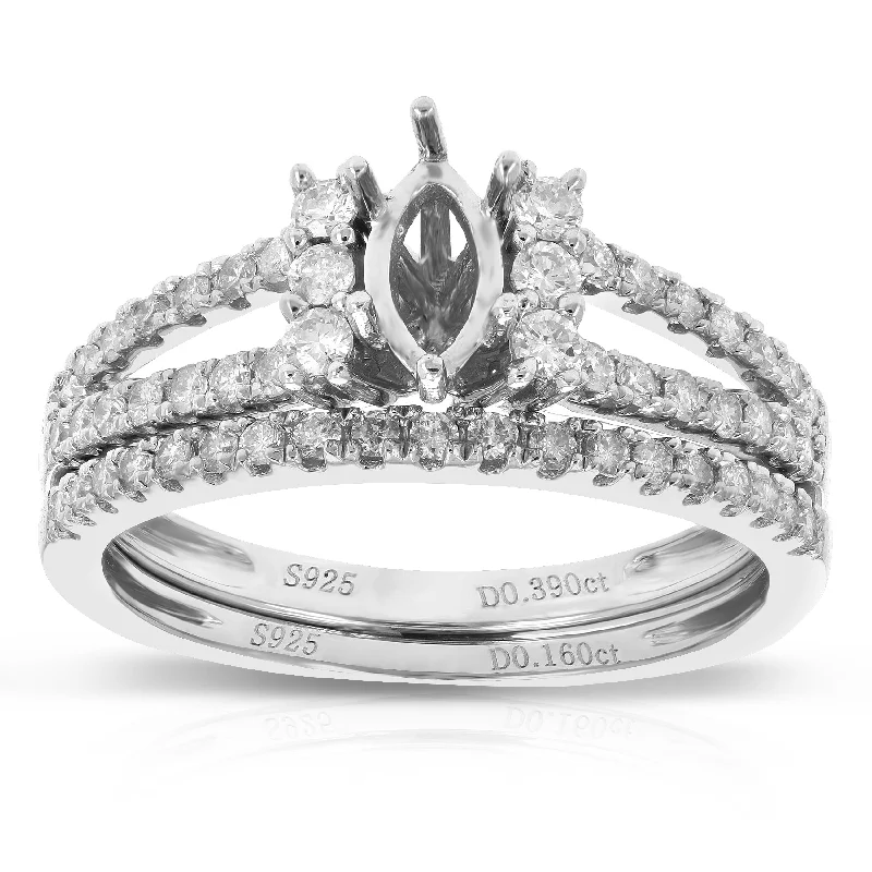 Rings with double bands for modern twist -1/2 cttw Diamond Semi Mount Bridal Set with Marquise Center Silver