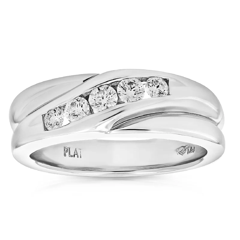 Rings with etched floral bands for detail -1/2 cttw Men's 5 Stone SI1 Clarity Diamond Wedding Ring Platinum Round