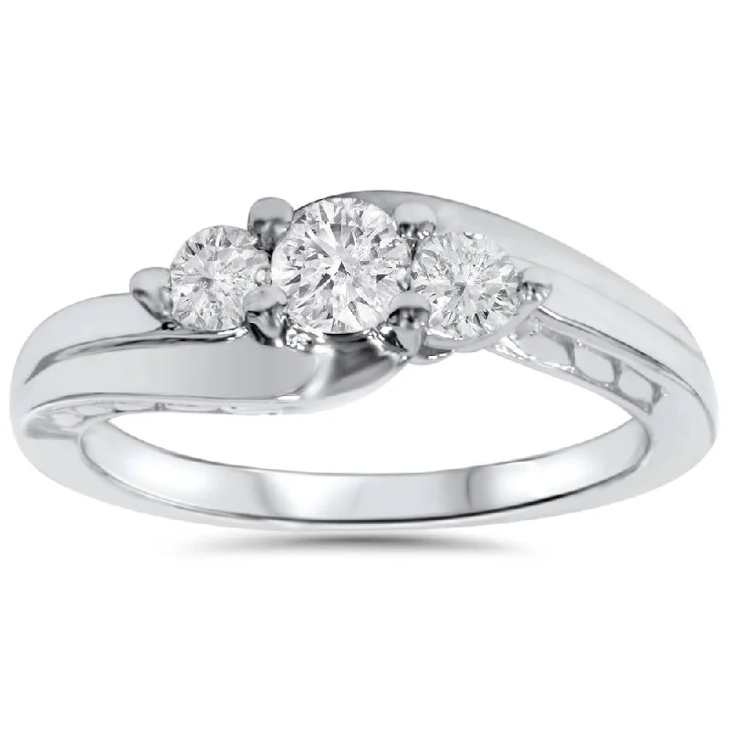 Rings with wide bands for statement wear -1/2ct 3 Stone Vintage Diamond Engagement Ring 10K White Gold