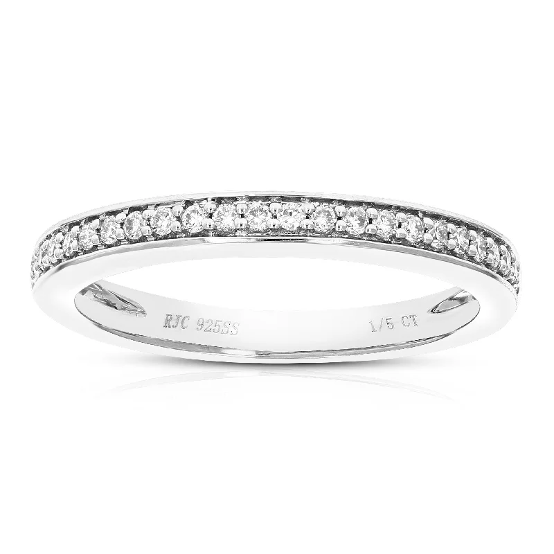 Rings with adjustable bands for perfect fit -1/5 cttw 25 Stones Round Cut Lab Grown Diamond Wedding Band .925 Sterling Silver Prong Set