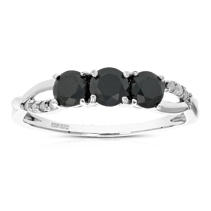 Rings with crescent moon for lunar charm -1 CT 3 Stone Black Diamond Ring Criss Cross Design Sterling Silver