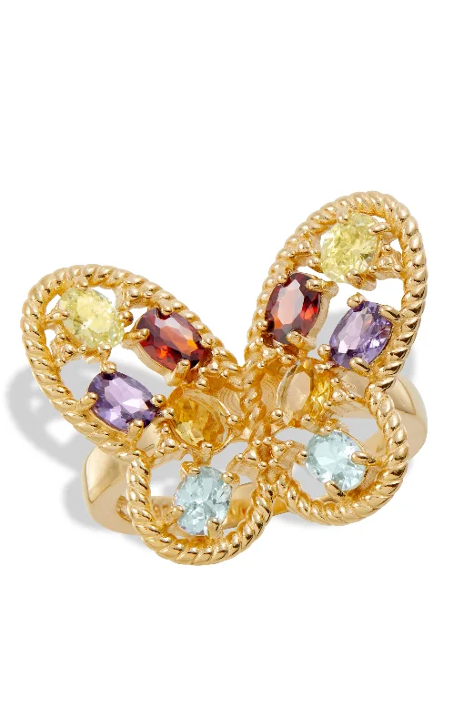 Rings with spiral ruby for bold twist -18K GOLD VERMEIL MULTI COLOR CZ BUTTERFLY RING