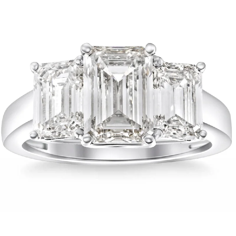 Rings with pave ruby for dazzling sparkle -3.55Ct TW Emerald Cut Three Stone Engagement Ring 14k White Gold Lab Grown