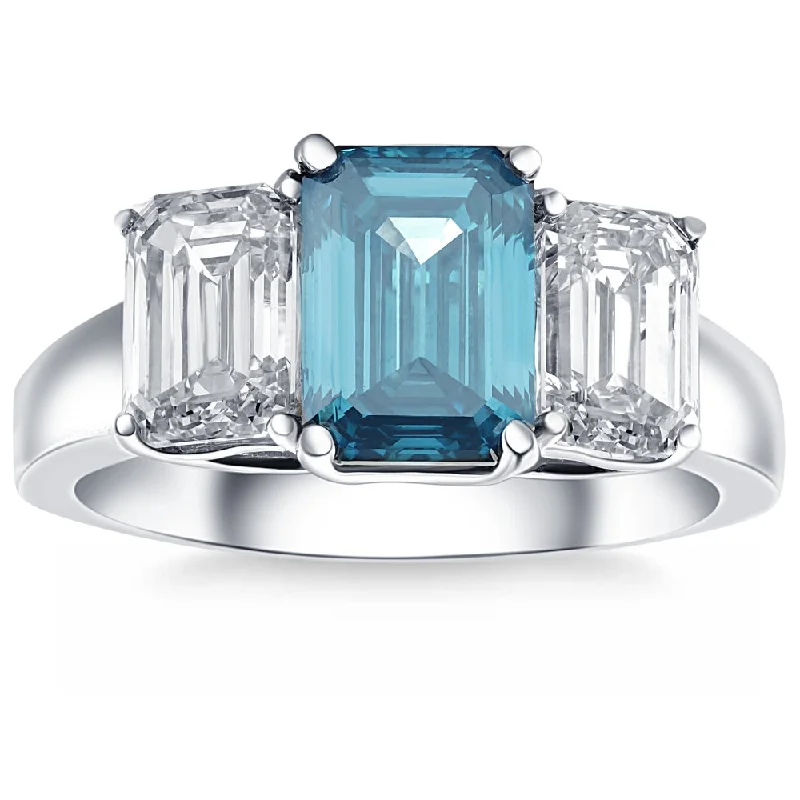 Rings with pave-set gemstones for brilliance -4.50Ct Blue & White Emerald Cut Engagement Ring 14k White Gold Lab Grown