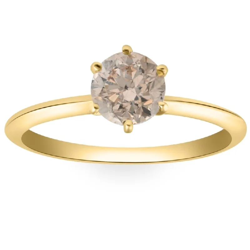 Chunky rings with hammered gold band texture -.92Ct Certified Fancy Light Brown Round Natural Diamond Engagement Ring 14k Gold