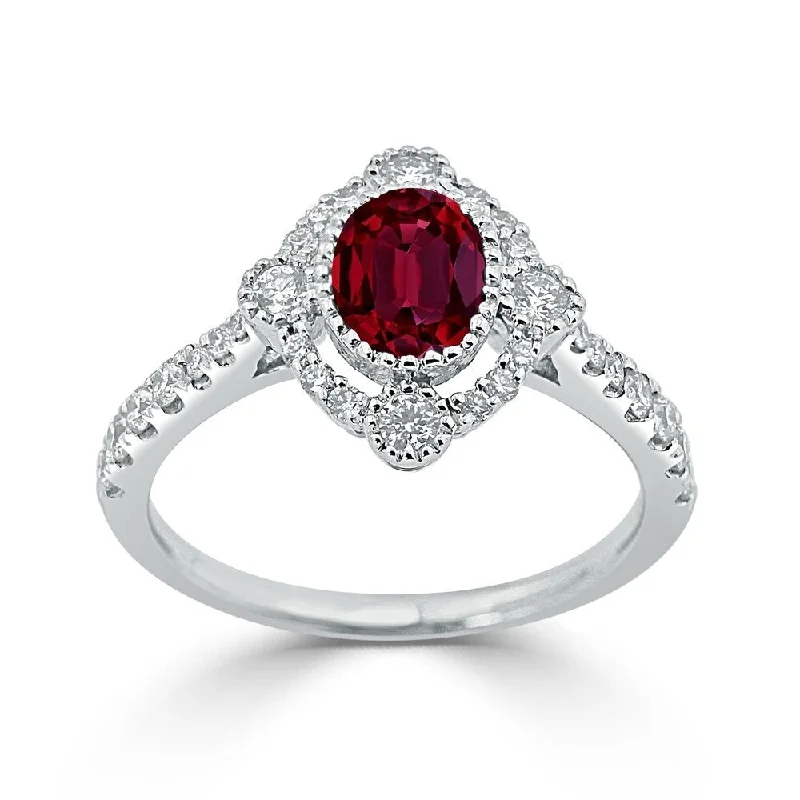 Rings with bezel-set peridot for safety -Auriya 1 1/10ct Oval-cut Red Ruby and Halo Diamond Engagement Ring 1/2ctw 18K Gold