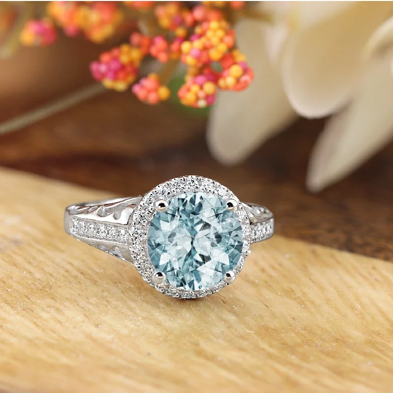 Rings with peacock ore for iridescent glow -Auriya 1 1/2ct Fancy Round Aquamarine and Halo Diamond Engagement Ring 1/5ctw 14k Gold