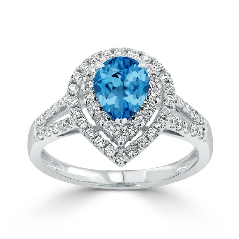 Chunky rings with hammered gold band texture -Auriya 1 1/3ct Pear-cut Blue Topaz and Halo Diamond Ring 5/8ctw 18K Gold