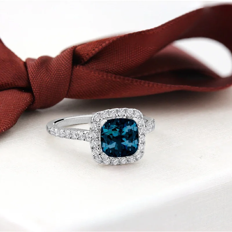 Handcrafted rings with raw emerald rough stones -Auriya 1 1/4ct Cushion-cut London Blue Topaz and Halo Diamond Engagement Ring 1/2cttw 14k Gold