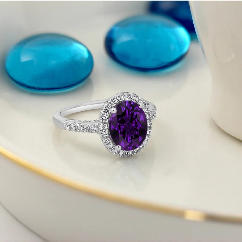 Rings with agate slices for earthy style -Auriya 1 3/4ct Oval Purple Amethyst and Halo Diamond Engagement Ring 3/8ctw 14k Gold