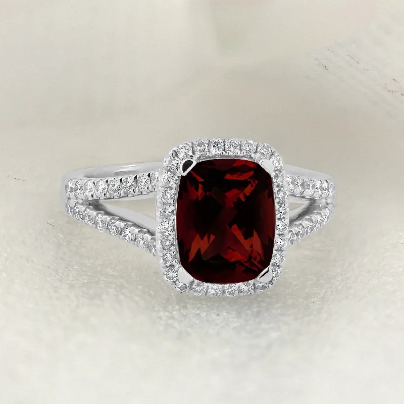 Rings with peacock ore for iridescent glow -Auriya 1 5/8ct Cushion-cut Garnet and Halo Diamond Engagement Ring 3/8cttw 14K Gold