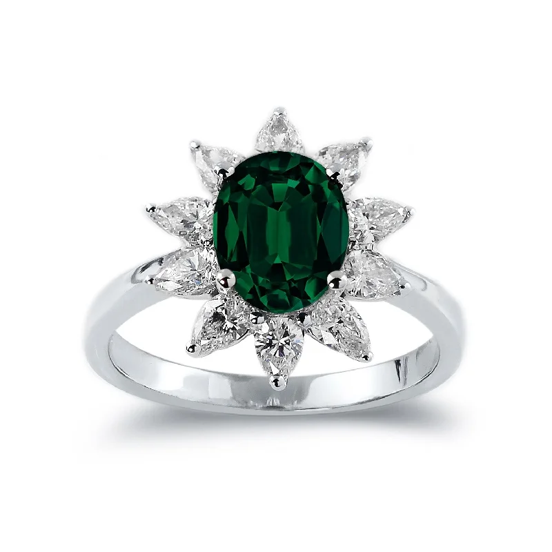 Rings with channel-set turquoise for color -Auriya 1 5/8ct Oval-cut Emerald Sunburst Halo Diamond Engagement Ring 3/4ctw 18K Gold