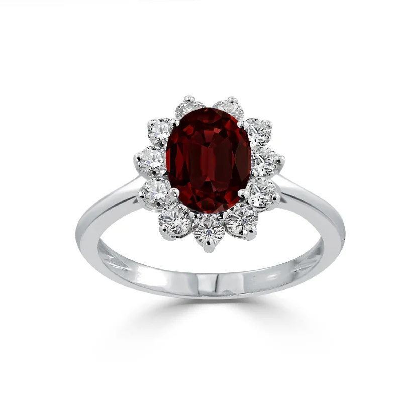 Rings with lotus flower engravings for peace -Auriya 1 5/8ct Oval-cut Red Garnet and Halo Diamond Ring 5/8cttw 18K Gold