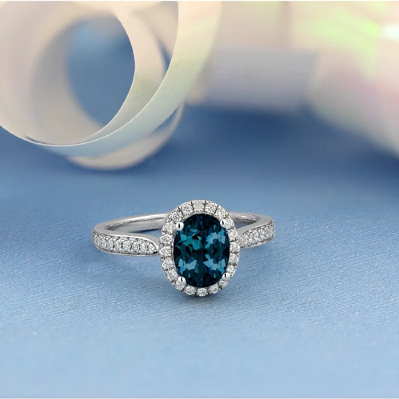 Rings with sleek black agate for edge -Auriya 1 9/10ct Fancy Oval London Blue Topaz Halo Diamond Engagement Ring 1/4ctw 14k Gold