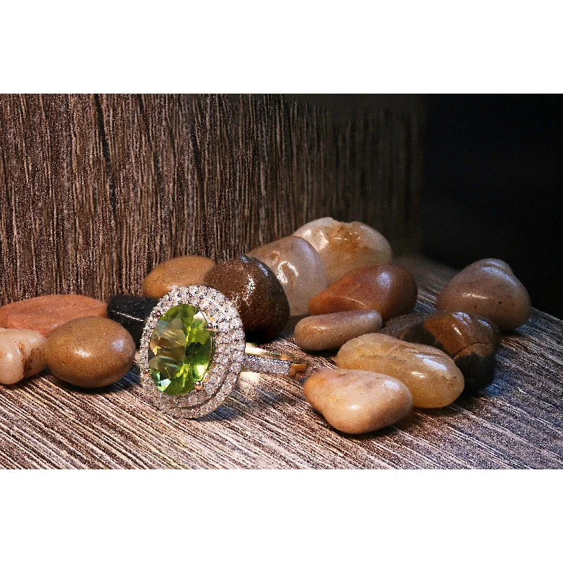 Chunky rings with hammered gold band texture -Auriya 14k Yellow Gold 3 1/2ct Peridot and 5/8ct TDW Diamond Ring