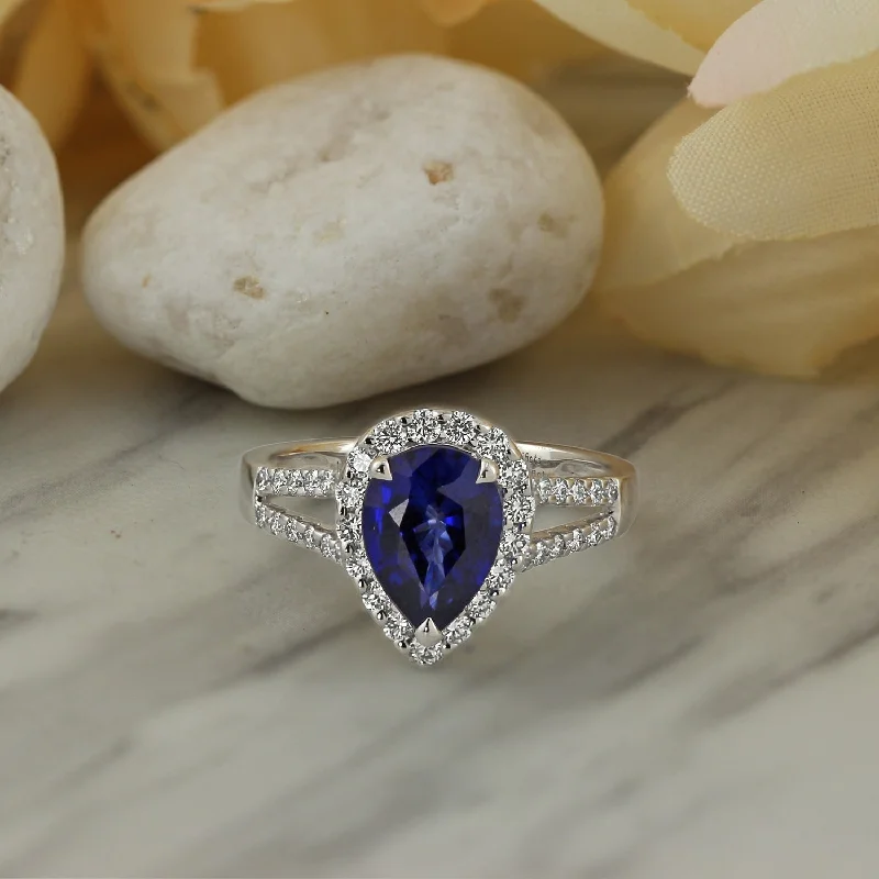 Rings with etched floral bands for detail -Auriya 18k Gold 2 5/8ct Pear-cut Blue Sapphire Halo Diamond Engagement Ring 1/2ct TDW